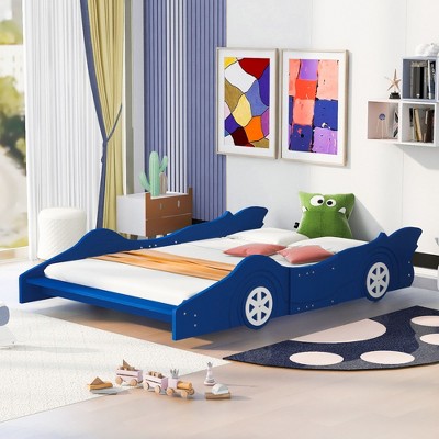 NicBex Twin/Full Race Car-Shaped Platform Bed Frame with Wheels,Solid Wood Slats Support,No Box Spring Needed,Easy Assembly