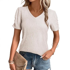 BLUEMING Women's V-Neck Puff Sleeve Top with Textured Knit Detail - 1 of 4