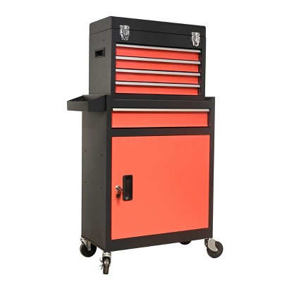 MOEPISY Five-Drawer Rolling Tool Chest With Wheels, Detachable Cabinet Storage Tool Box With Drawers, Metal Tool Cart, Black+Red