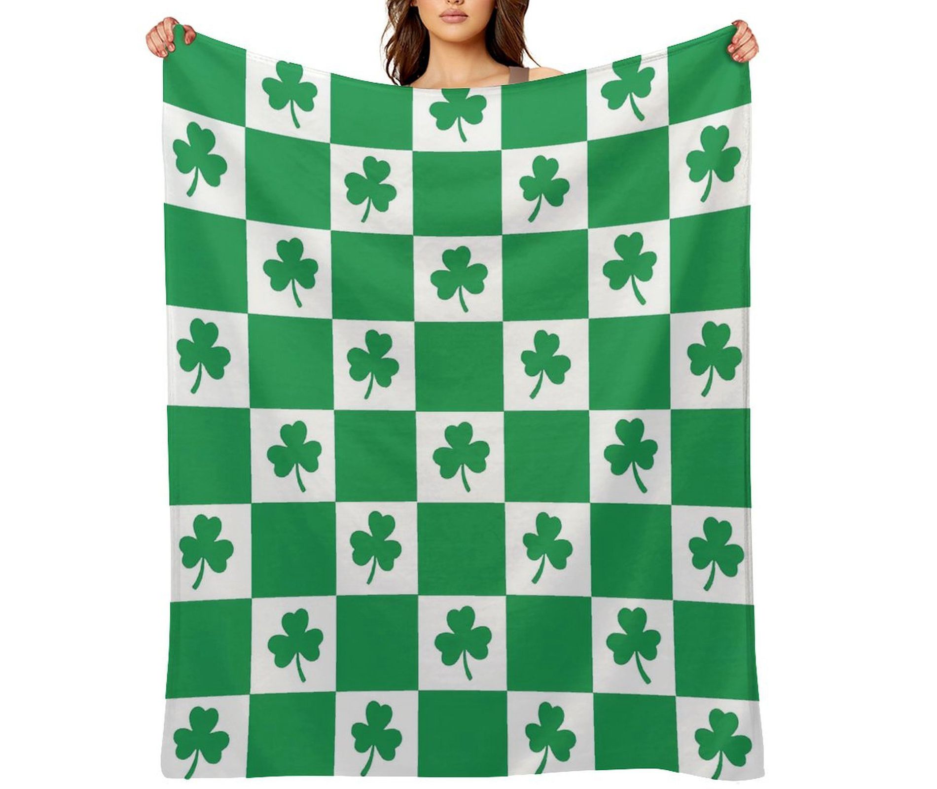 St. Patrick's Day Shamrock Checkerboard Chenille Knit Throw Blanket, Reversible Soft Cozy Blankets for Irish Festival Decor 30x40 inches