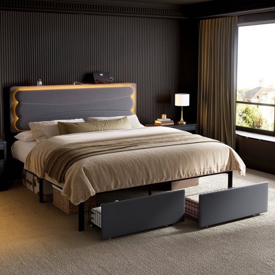 WOWLIVE Upholstered Bed Frame with Adjustable Headboard and 2 Storage Drawers, Velvet Platform Bed Frame with Charging Station and LED, Beige & Grey