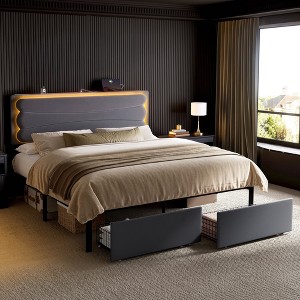 WOWLIVE Upholstered Bed Frame with Adjustable Headboard and 2 Storage Drawers, Velvet Platform Bed Frame with Charging Station and LED, Beige & Grey - 1 of 4