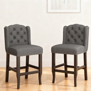 27" Contemporary Tufted Fabric Wingback Counter Stools, Set of 2, Charcoal Gray with Dark Brown Legs, Stylish and Comfortable Counter Chairs - 1 of 4