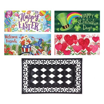 Evergreen Indoor Outdoor Doormat Bundle Set of 5 - Frame and 4 Holiday Seasonal Inserts Valentine's Day Easter 4th of July and St. Patricks
