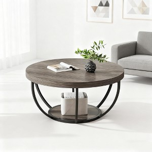 Gulches 2-Tier Round Coffee Table, 31.5" Large Surface Modern Center Table with Metal Base, Wood Grain Finish for Living Room - 1 of 4