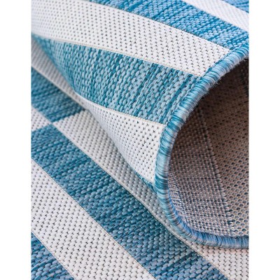 Coastal Breeze Light Aqua and Ivory Striped 7x10 Outdoor Rug