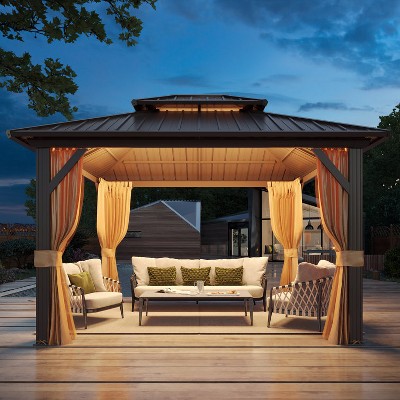 10' x 12' Brown Metal Hardtop Gazebo with Curtains and Nettings