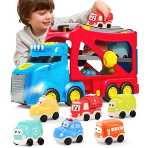 Joyfy 7-in-1 Extra Large City Truck Toys, 17” Big Transport Carrier Truck with Sounds and Lights, Easter Birthday Gifts for Boys Girls 3+ Years Old - 1 of 4