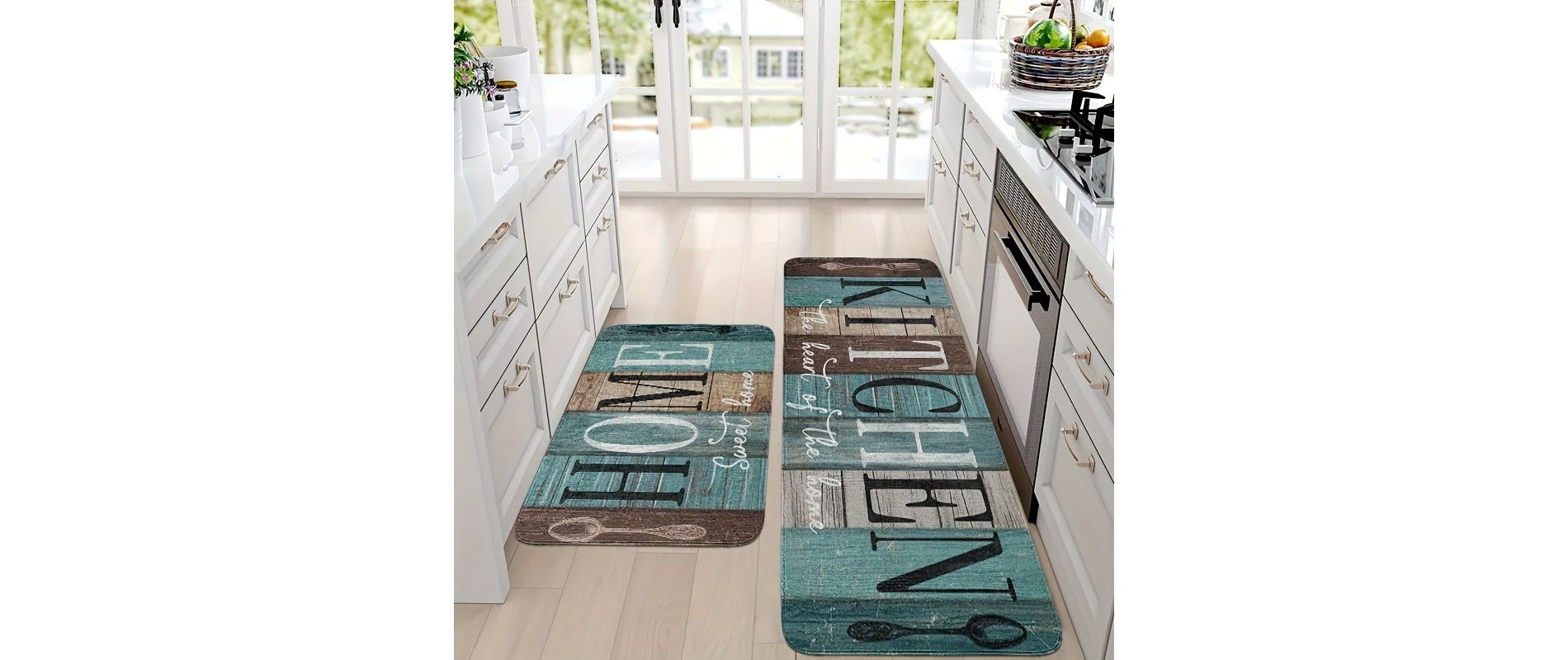 Lomsoe 2pcs Farmhouse Kitchen Mat Set with Green, Brown and Teal Kitchen Rugs, Suitable for Kitchen, Bathroom, Bedroom, and Living Room.