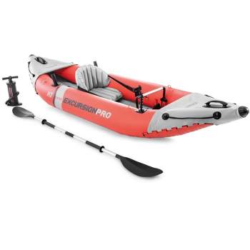 Intex 68303EP Excursion Pro K1 Single Person Inflatable Vinyl Fishing Kayak Set with Aluminum Oar and High Output Pump - Red