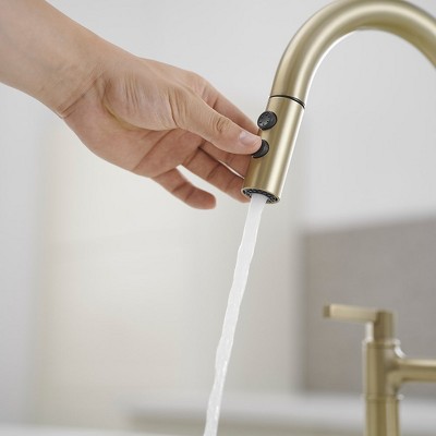 Brushed Gold Double Handle Bridge Kitchen Faucet with 360 Degree Swivel Spout