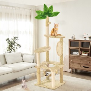 Modern Multicoloured 600 GSM Soft Plush Cat Tree Pet Tower with Fake Real Leaves,Natural Sisal Material and Cute Cat Shape Platform - 1 of 4