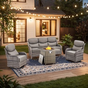 4 Piece Patio Furniture Set with Fire Pit Table, 2 x Swivel Rocker Chair, 1 x 3-Seat Sofa, 5 Seats Outdoor Conversation Set for Lawn Garden Backyard - 1 of 4