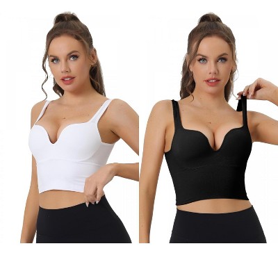 Allegra K Women's Wireless Medium Support Push-Up Fixed Straps Workout Sleep Sports Bra 2 Packs