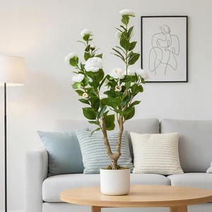 3.6FT Artificial Camellia Tree, Realistic Faux White Plants with 20 Bloomings, Sturdy White Pot, Faux Flowers Potted Plant Trees for Living Room - 1 of 4