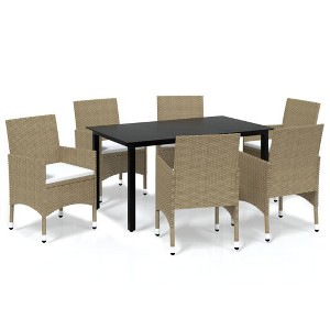 vidaXL Patio Dining Set Outdoor Dining Set Table and Chair Set Poly Rattan - 59.1" Table Length Beige 7 Piece with Cushions - 1 of 4