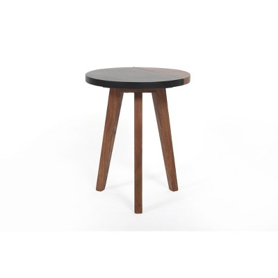 Vynxaria Mid-Century Modern Round Accent End Table Brown, Natural Matte Finish, Acacia Wood/Slate Veneer w/Brass Inlay, Splayed Legs