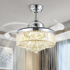 Ludomide Modern Invisible Retractable Blades Crystal Ceiling Fans With Lights And Remote, Polished Chrome Chandelier Fan With Dimmable Led Lights - 1 of 4