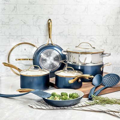 Navy and Gold 15-Piece Nonstick Stainless Steel Cookware Set