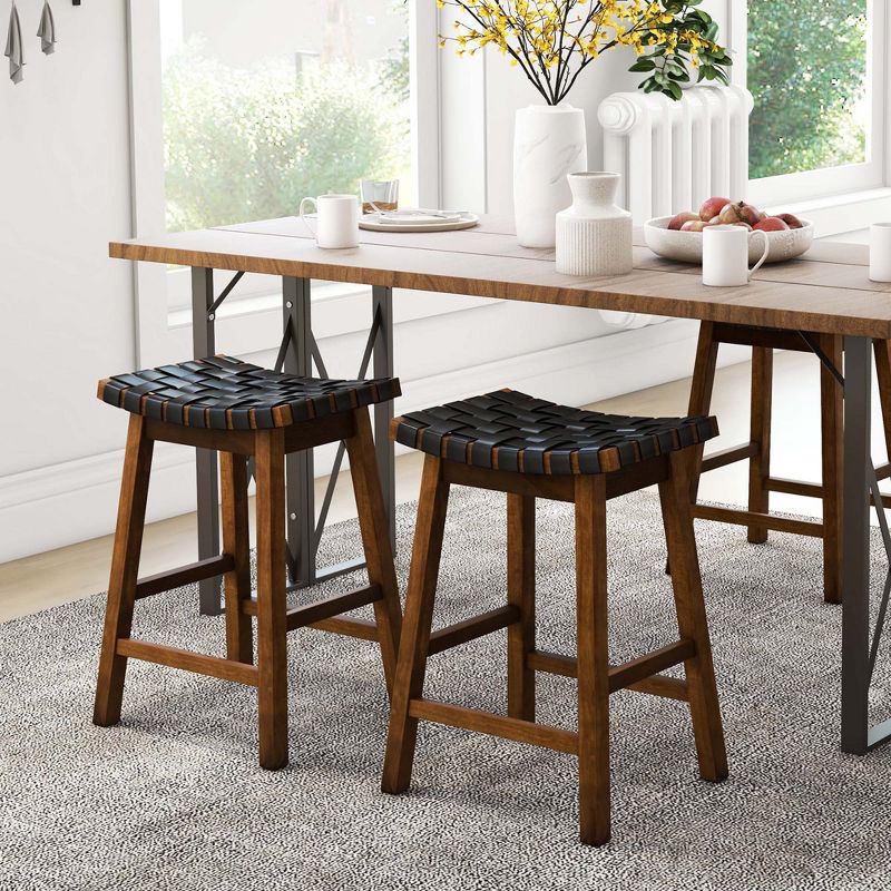 Costway Woven Saddle Stools Set of 2 Faux PU Leather Counter Height Kitchen Stool, 4 of 9