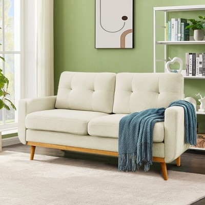 JUJABU 67.7'' Mid-Century Modern Tufted Loveseat Sofa with Wood Legs – Upholstered Fabric