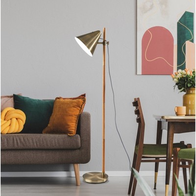 Adjustable Natural Rubberwood and Antique Brass Floor Lamp with Touch Switch
