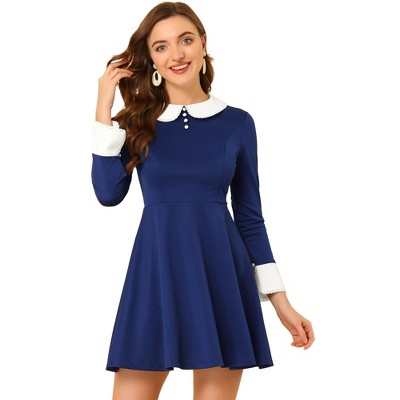 Allegra K Women's Peter Pan Collar Contrast Button Decor Long Sleeve Flare Dress