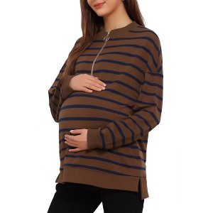 INSPIRE CHIC Women's Maternity Tunic High Low Tops Half Zip Long Sleeve Mock Neck Side Slit Striped Pregnancy Blouse - 1 of 4
