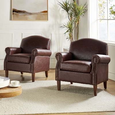 Set of 2 Gianluigi Transitional Vegan Leather Armchair with Nailhead Trim for Bedroom and Living Room  | ARTFUL LIVING DESIGN