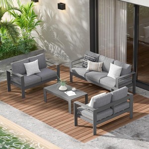 Heynemo Aluminum Outdoor Patio Furniture Set, Outdoor Sectional Metal Sofa with 5'' Cushion & Coffee Table for Balcony, Garden - 1 of 4