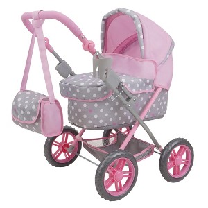 Cotton Candy Pink Amanda Doll Pram in Grey Polka Dots W/ Matching Handbag - 1 of 4
