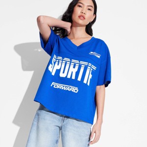 Women's Short Sleeve V-Neck Graphic Mesh Jersey Shirt - Wild Fable™ - 1 of 4