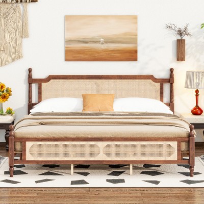 TiramisuBest King Pine wooden Bed with Rattan Headboard and Footboard,with Central Enhanced Bed Platform