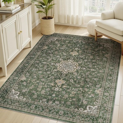 MontVoo Vintage Floral Washable Area Rug Forest Green