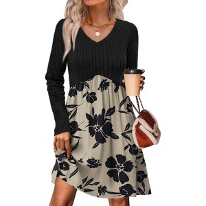 Long Sleeve V-Neck Sweater Dress 2025, Women's Empire Waist Babydoll Fall Dress with Pockets T-black Floral - 1 of 4