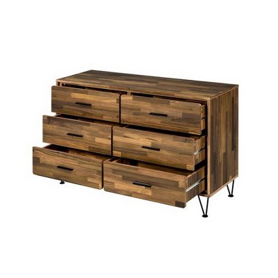 Double Horizontal Brown Dresser with Butcher Block Pattern and Metal Accents