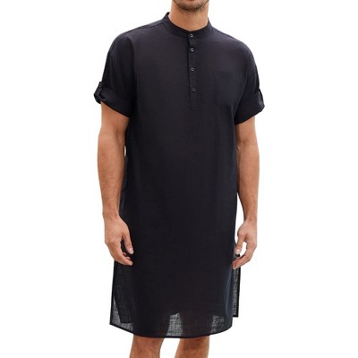 Men's Linen Kaftan Thobe Short Sleeve Robe Gown Casual Longline T Shirts for Beach