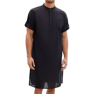 Men's Linen Kaftan Thobe Short Sleeve Robe Gown Casual Longline T Shirts for Beach - 1 of 4