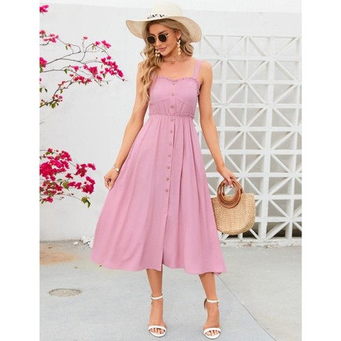 Whizmax Women s Dress Casual Summer Spaghetti Strap Dress Button Down Sleeveless A Line Beach Swing Midi Sundress Pink M Target