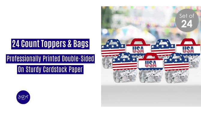 Big Dot of Happiness Stars & Stripes - DIY Patriotic Party Clear Goodie Favor Bag Labels - Candy Bags with Toppers - Set of 24, 2 of 10, play video