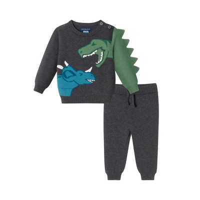 Image of Andy & Evan Infant  Charcoal Dino Sweater Set Grey, Size 0-3 Months.