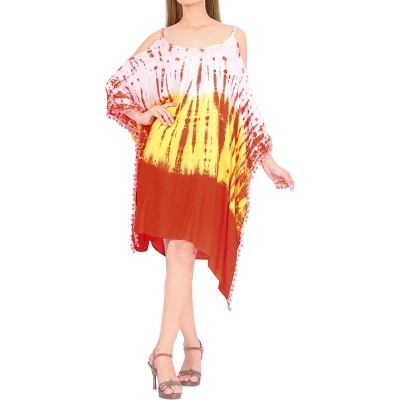 LA LEELA Women's Swim Cover Up Vacation Swimwear Mini Bathing Suit Beachwear Summer Loose Beach Dress 1X-2X Orange, Tie Dye Design