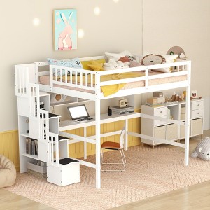 Okak Full Size Loft Bed with Desk & Storage,Sturdy Pine Wood Loft Beds with Built-in Stairs & Shelves,Multi-Functional Loft Bed for Kids,Teens,Adults - 1 of 4