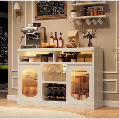 Modern Buffet Cabinet with LED Lights, White Sideboard Cabinet with 2 Glass Doors, Coffee Bar Cabinet with Adjustable Shelves for Kitchen Room
