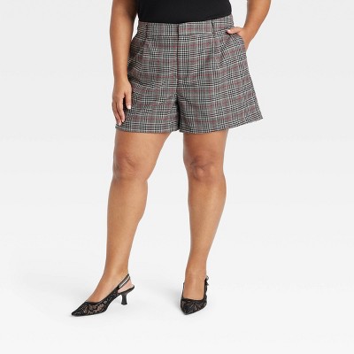 Women s Mid rise Trouser Shorts Ava Viv Gray Plaid 18 Target