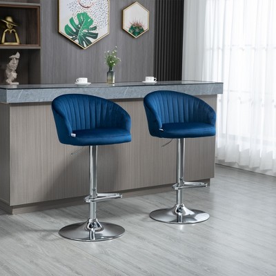 Velvet Bar Stools Set of 2, Swivel Counter Barstools Adjustable Height, Steel Frame Kitchen Stools, Blue