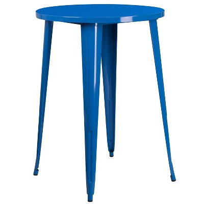 30" Round Blue Metal Indoor-Outdoor Bar Table Set with 4 Backless Stools
