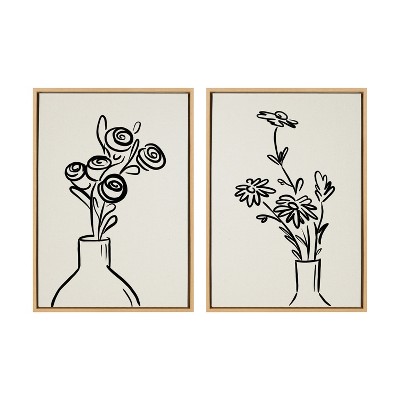 Natural Framed Canvas Wall Art Set with Floral Design, 23x33