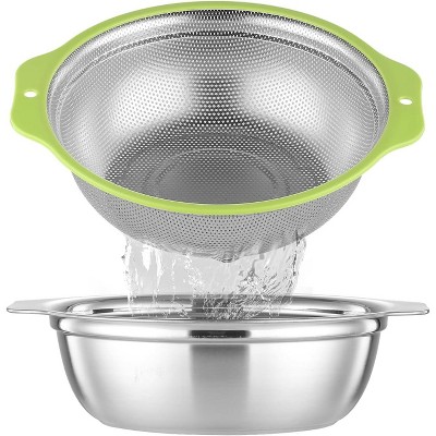 Colander Stainless Steel Microporous, 2QT Rice Strainer with Mixing Bowl, Rice Washer Bowl Set with Handle