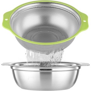 Colander Stainless Steel Microporous, 2QT Rice Strainer with Mixing Bowl, Rice Washer Bowl Set with Handle - 1 of 4